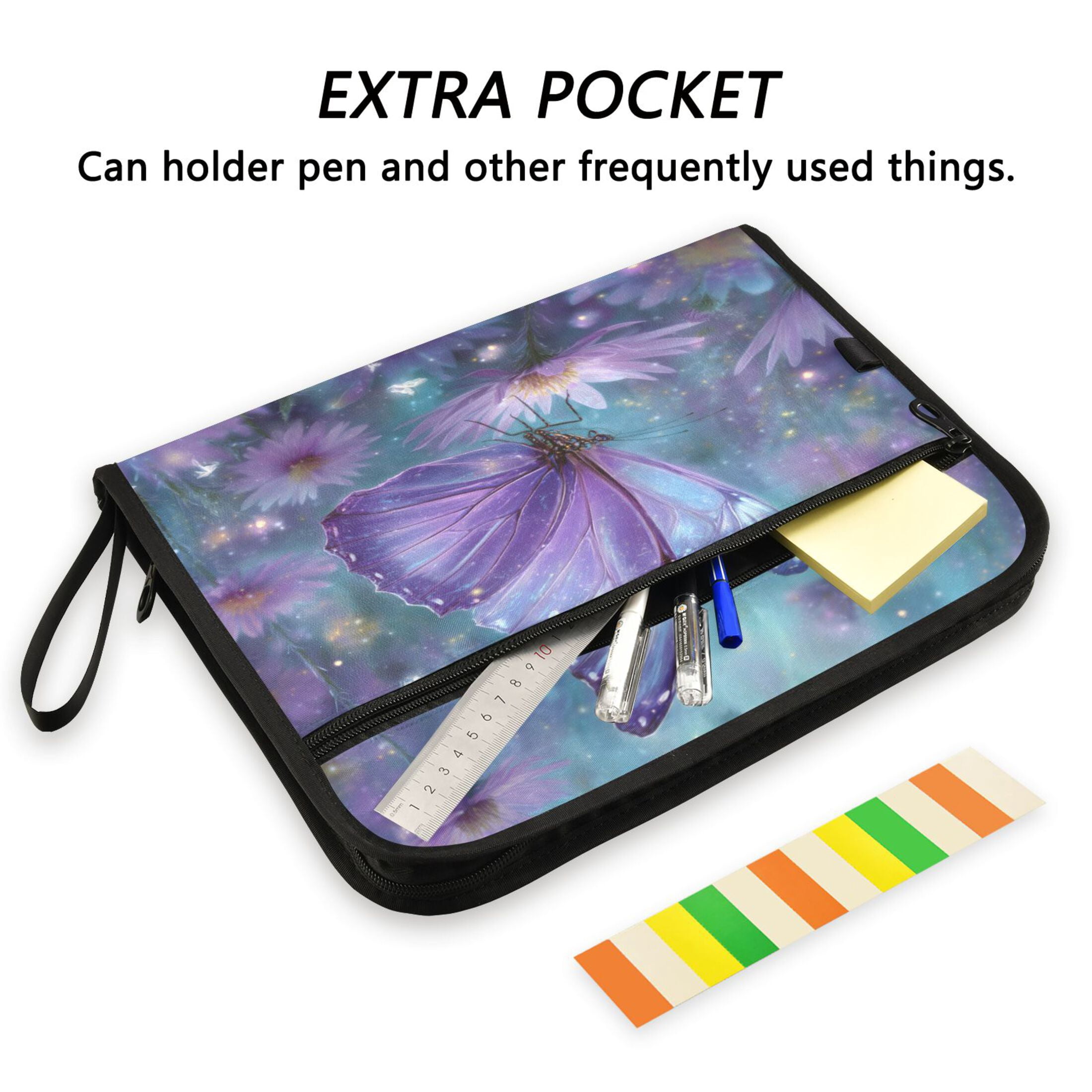 WOBOGO Purple Sparkling Butterfly Expanding File Folder Letter Size Accordion Filing Organizer 13 Pocket Separate Organ Pocket