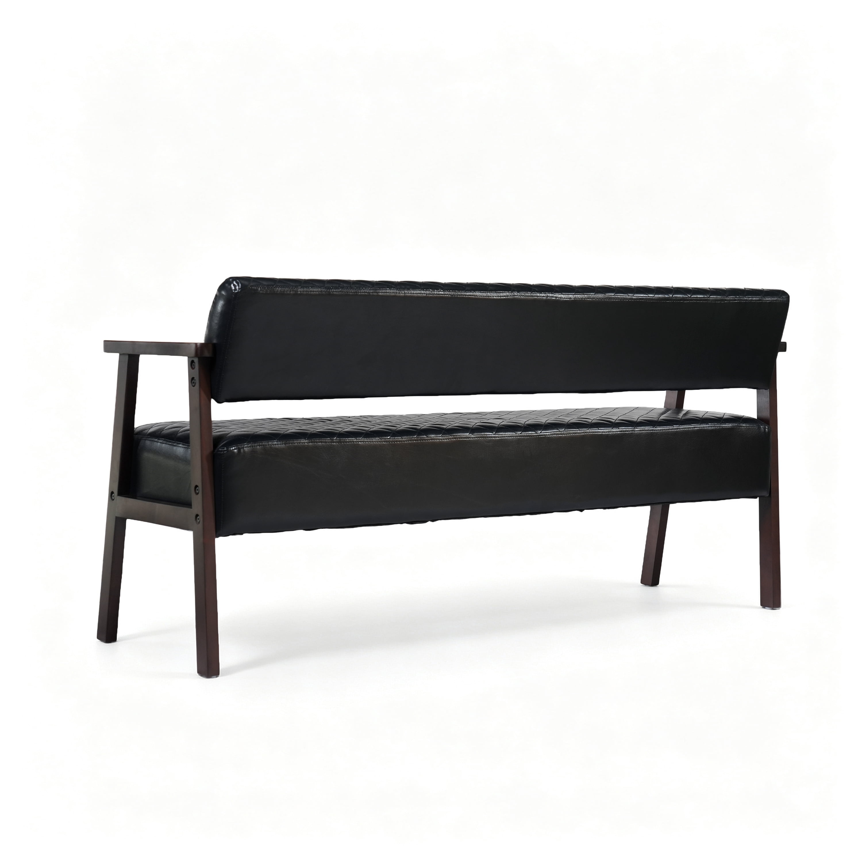 AISWORD 58.27" PU Faux Leather Upholstered Bench with Backrest,Diamond Quilted Entryway Bench with Wood Arms for Living Room,Office & Salon Waiting Room,Black