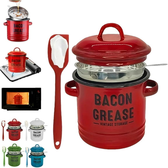 46 oz Bacon Grease Container with Strainer and Food-Grade Silicone Spatula, Kitchen Grease Keeper with Lid, Saver Filter Cookware Can for Cooking, Oil Disposal & Storage - Ceramic Jar (B)