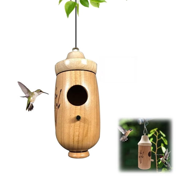 Graddi Wooden Hummingbird House, Natural Pine Wood Bird Nesting Box for Outside Hanging, Small Bird House for Garden Nature Lovers(A)