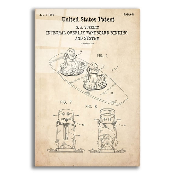 Epic Art 'Integral Overlay Wakeboard Binding and System Blueprint Patent Parchment,' Acrylic Glass Wall Art, 16"x24"