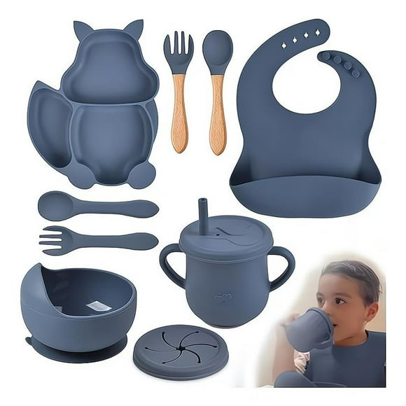 Juego de Platos y Cubiertos de Silicona Babe Azul ardilla para Bebés