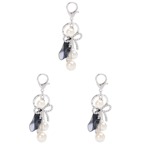 3pcs Crystal Bow Keychains Ribbon Key Chain Pearl Car Key Rings Female Bags Pendant Accessories Key Chains (Black)