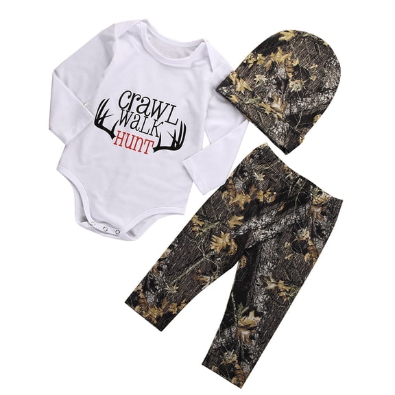 Newborn Baby Boys Long Sleeve Letters Deer Romper Bodysuit Camo Pants with Hat Outfit Clothes 3PCS