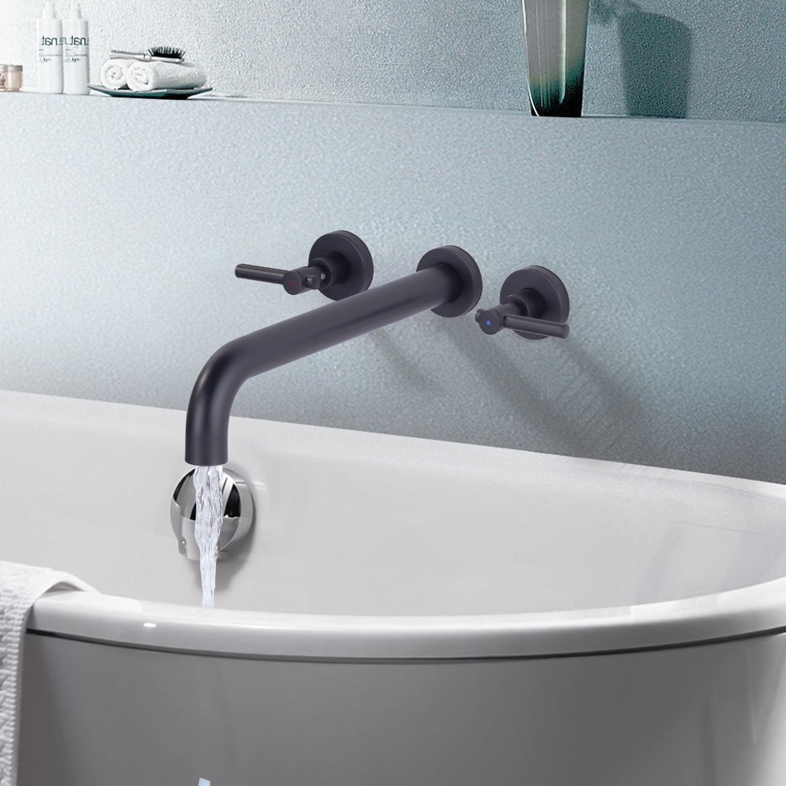 Wowow Wall Mount Tub Filler Faucets,High Flow Wall Mounted Bathtub Faucet with Two Handles and 12" Long Spout, Matte Black