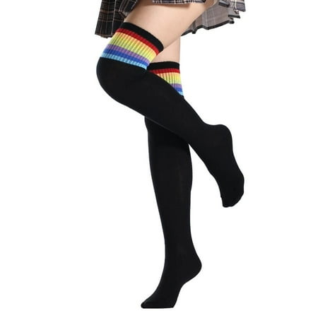 

MRULIC socks for women Socks Size Long High Thigh Women s High Women Socks Plus For Girls Socks Stockings Striped Knee Socks Black + One size