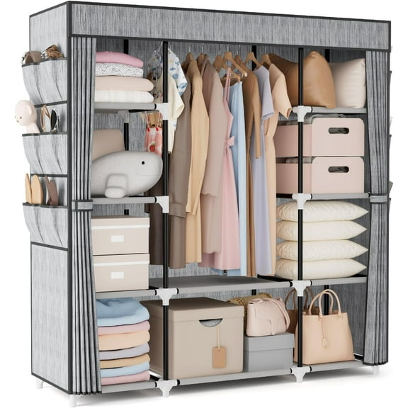 Portable Closet Wardrobe for Hanging Clothes 57.3 Inch Large Capacity Clothes Rack with Cover, 10 Storage Organizer Shelves, 1 Hanging Rods and 6 Pockets, Free Standing Closet, Printing