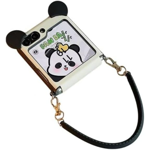 for Galaxy Z Flip 6 Cute Panda Ear Premium Leather Case with Wristband, Girly Anti-Drop Full Body Hinge Protective Shockproof Phone Cases (White,Flip 6)