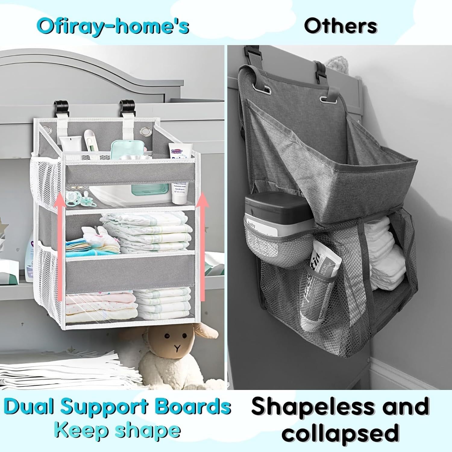 Hanging Diaper Organizer for Changing Table, Durable 2-Tier Nursery Storage Organizer with Mesh Pockets, Fits Crib, Playard, Wall or Car, Light Gray