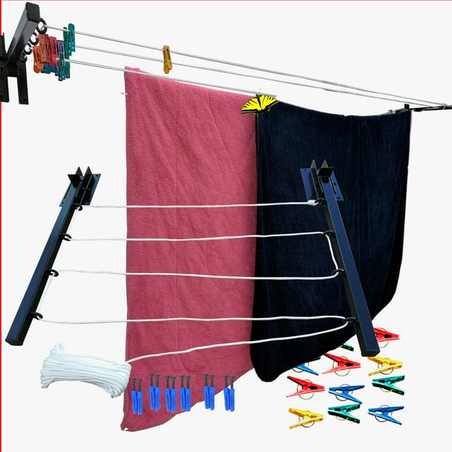 Tendedero Plegable para Ropa, Tendedero Retráctil Pared, Tendedero, Tendedero Retractil, Tendedero para Ropa, Tendedero Plegable, Tendederos Retractiles Exterior, 4 Líneas con Cordón, Color Negro.