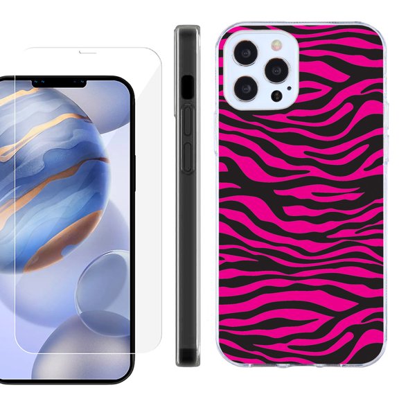 Slim Fit Protective Phone Case for Apple iPhone 12 / iPhone 12 Pro, with Tempered Glass Screen Protector, by OneToughShield ® - Zebra Pink