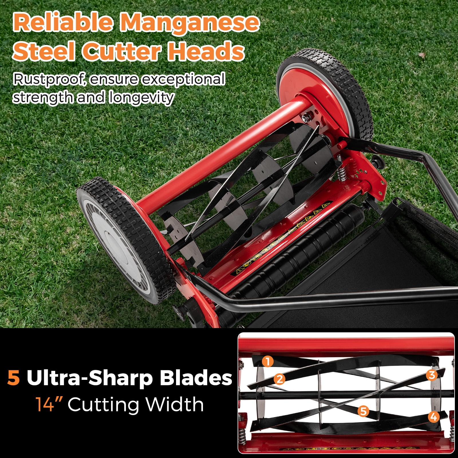 Gymax 14'' Manual Reel Mower w/ 5-Blade 6.6 Gallon Removable Grass Catcher for Garden Red