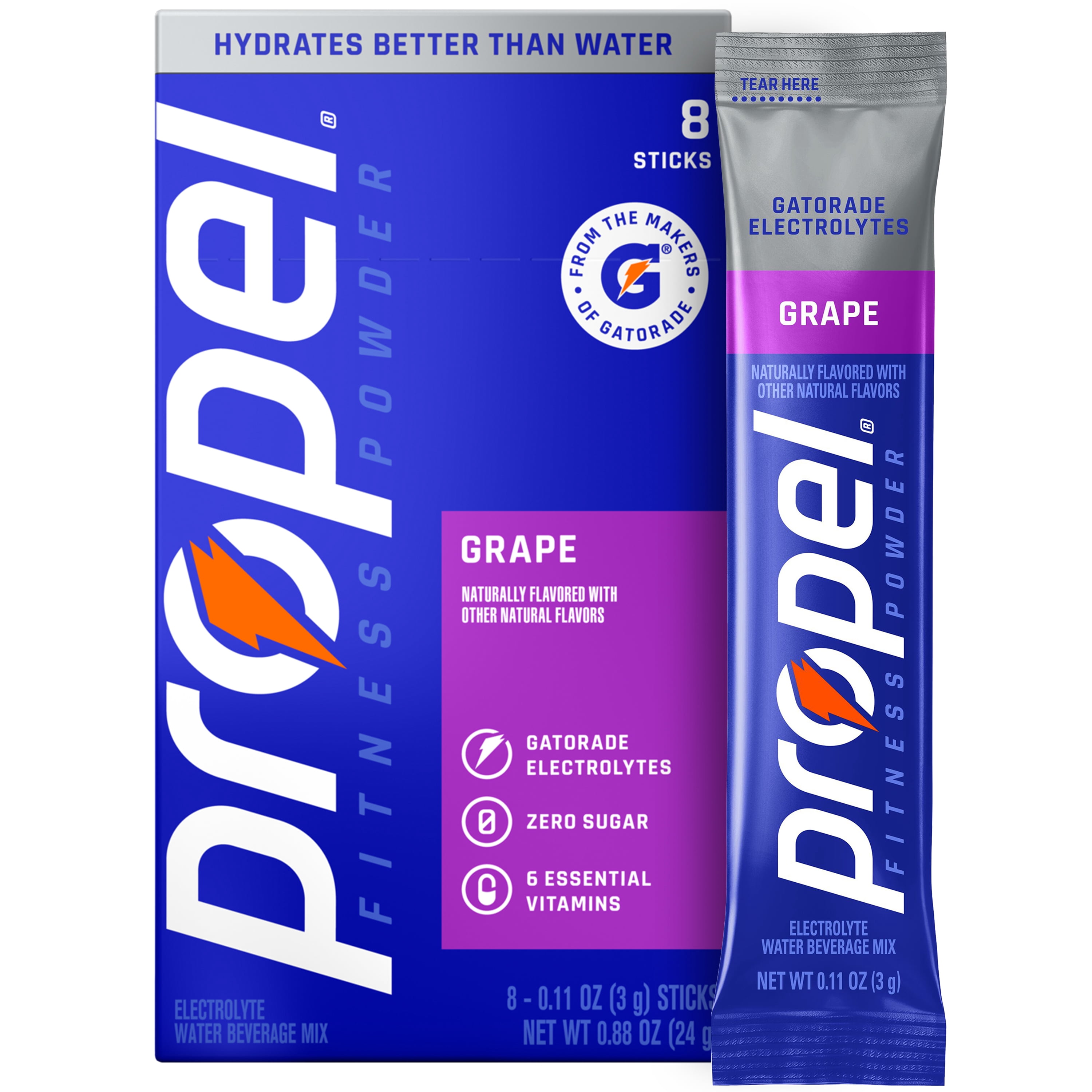 (3 pack) Propel Zero Sugar Grape, On the Go Packs, Electrolyte Powder Drink Mix, 0.11 oz, 8 Count packets