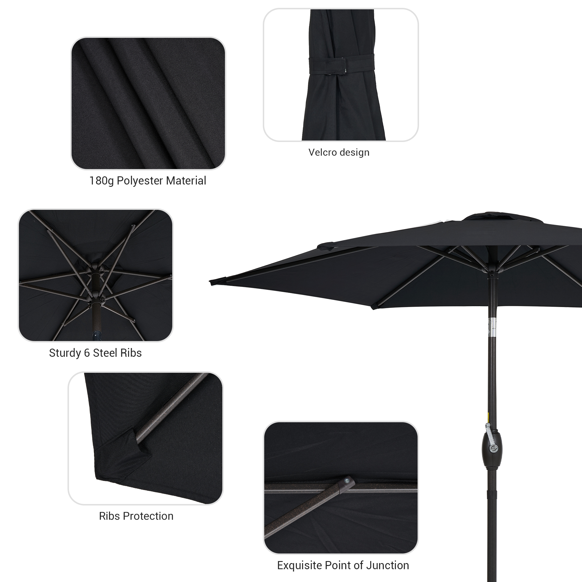 Sonerlic 7.5ft Round Outdoor Patio Shade Umbrella with Steel Frame Garden,Poolside and Deck, Black