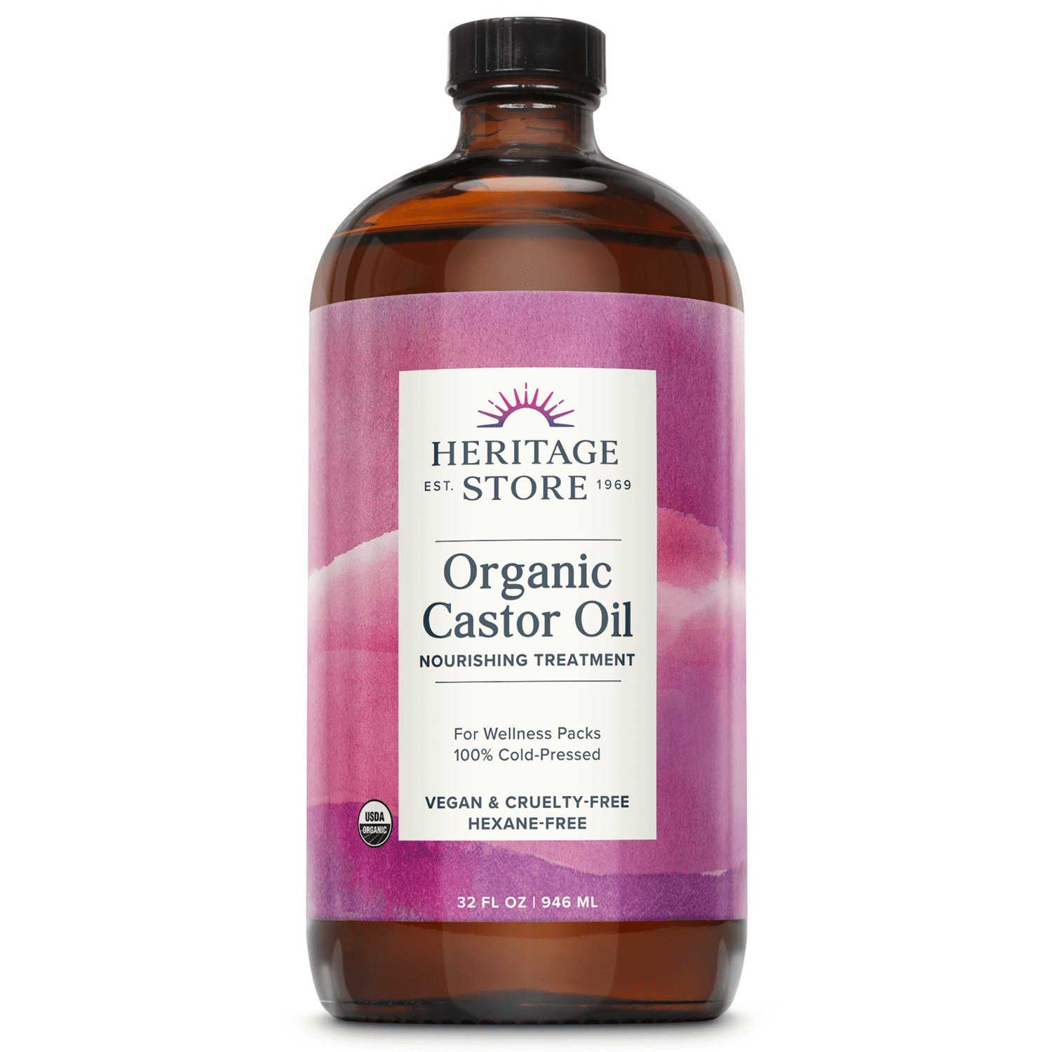 Heritage Store Organic Castor Oil, Cold Pressed Rich Hydration for Hair and Skin, Bold Lashes and Brows, Hexane Free, 32oz photo image pic