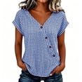 thumbnail image 3 of Favoffer Women's Plaid Pullovers V Neck Short Sleeve Button Placket Grid Weave Loose Silhouette Daily Shirts Picnic Gathering Weekend Rest, 3 of 8