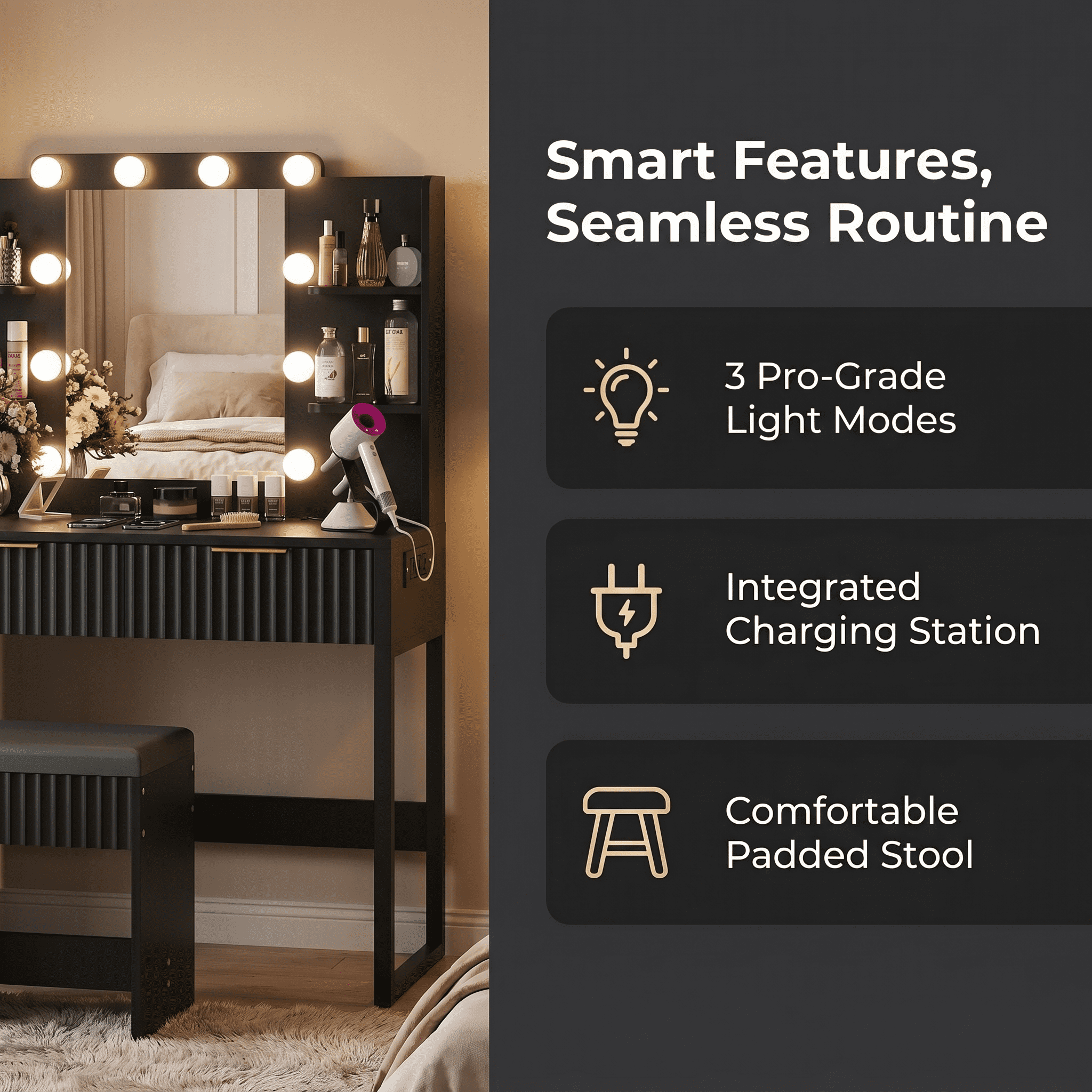 Zimtown Modern Makeup Vanity Table Set with LED Lights , Mirror and Charging Station, Dressing Desk with 2 Drawers for Bedroom, Black