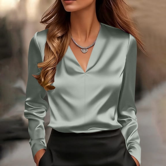 Wowcloth Womens V-Neck Satin T-Shirt, Long Sleeve Blouse Top, Breathable and Soft Fabric for Casual Office and Daily Wear