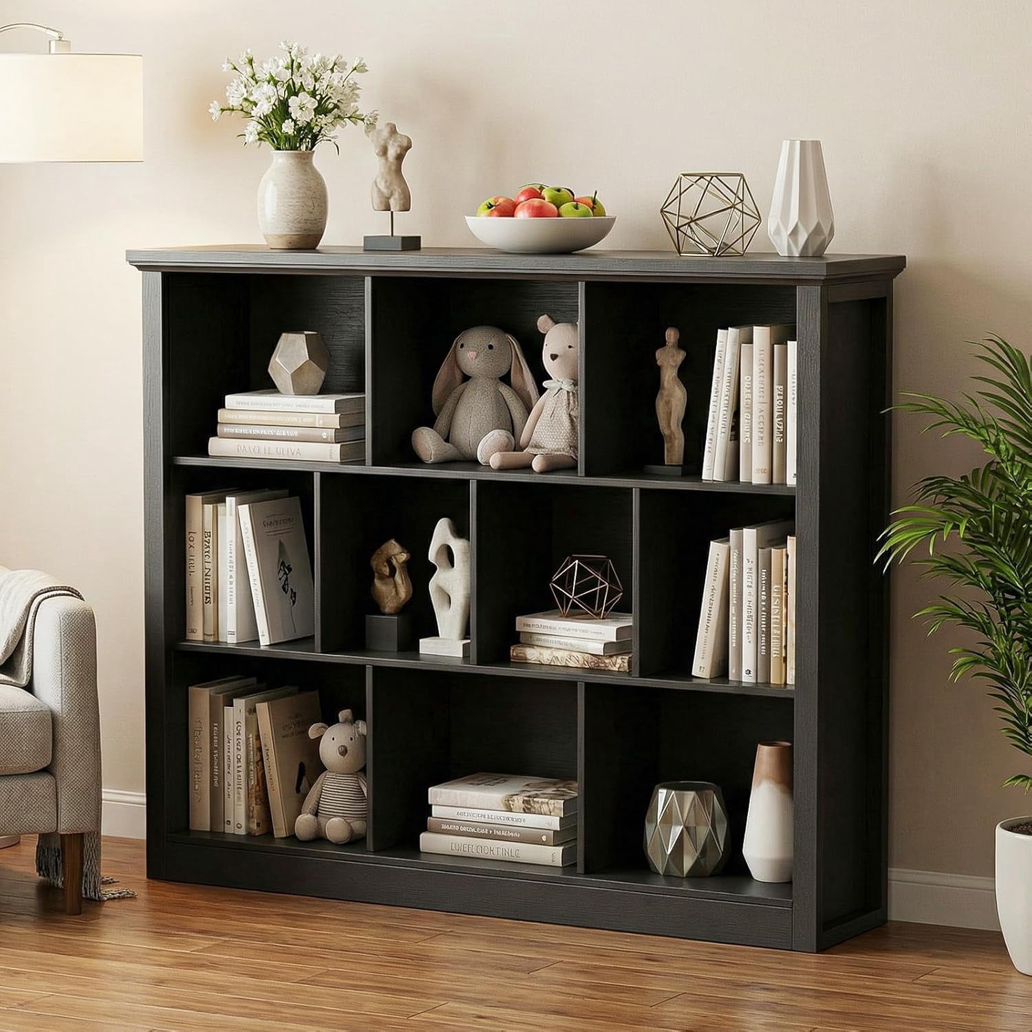 Homieasy 50" Wood Cube Storage Organizer, 10 Cube Storage Book Shelf, Wooden 3 Tiers Floor Standing Low Bookcase for Living Room, Bedroom, Home Office, Kids Room, Black