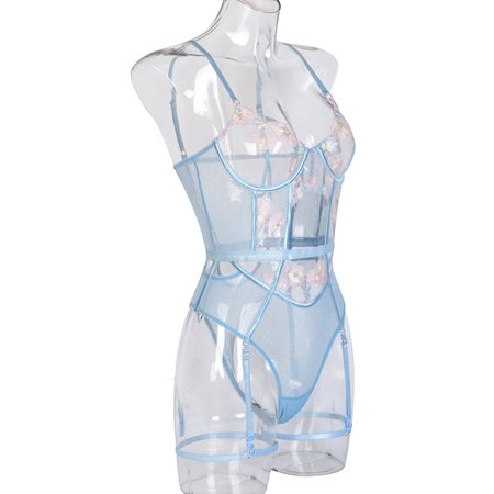 

Intimates Women s Sexy Lingerie Fashion Lace Embroidery See-through Sling Bodysuit With Steel Ring Underwear Lace no underwire sports bra Sky Blue