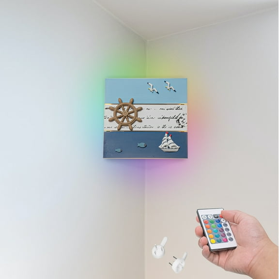 Kiven Battery Operated Wall Lamp with Remote Control,Cordless Wall Sconces Indoor 1 Set,Wooden Dimmable Corner Lamp for Bedroom, Dark Corner,Wall Decor,Marine Style Wooden Lamp