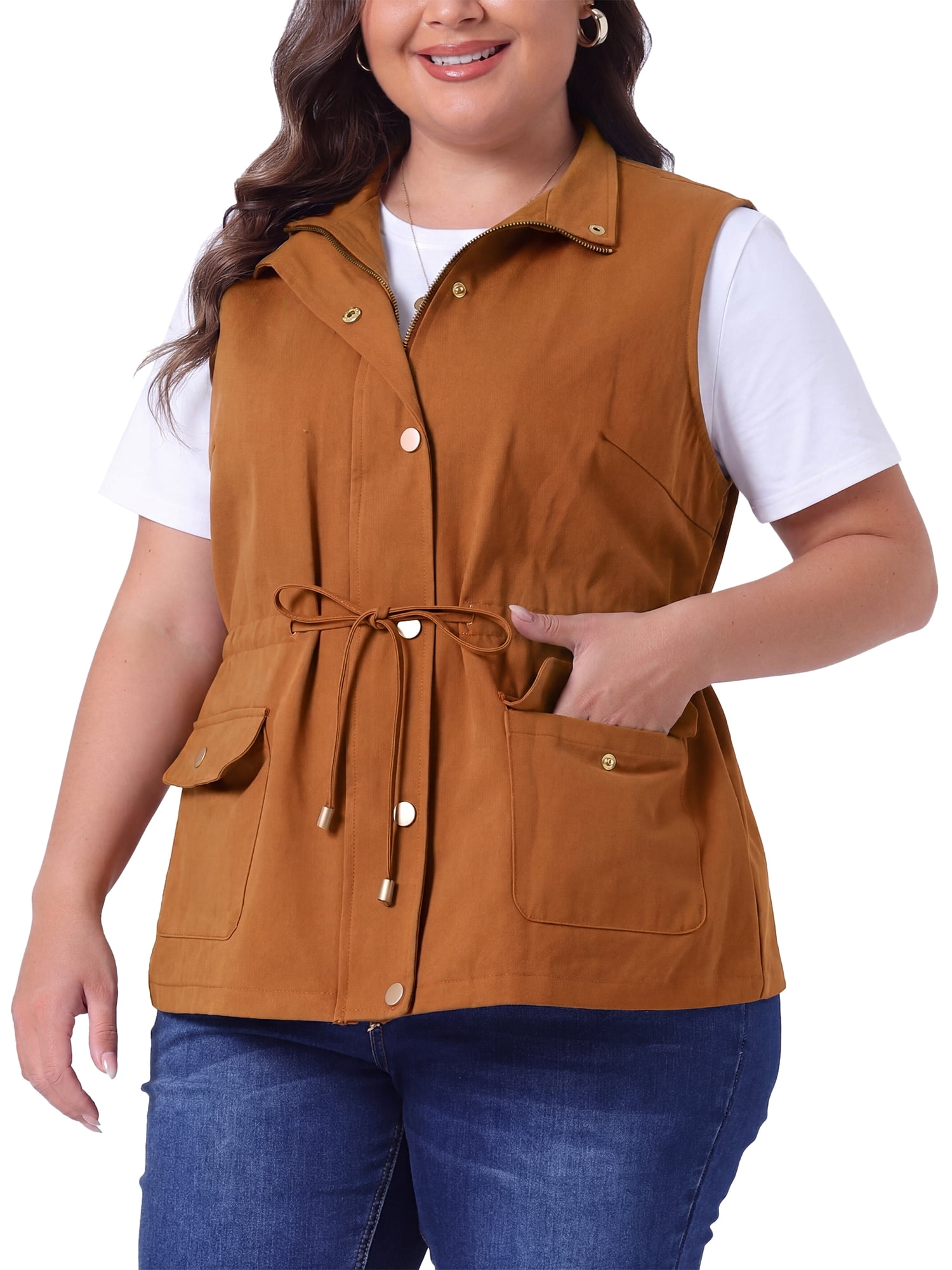 DARING DIVA Women's Plus Size Lightweight Sleeveless Anorak Cargo Vest 2X Caramel