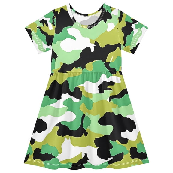 Camouflage Pattern Girls Short Sleeve Dress A Line Sun Protection Breathable Comfort Sundress 2T