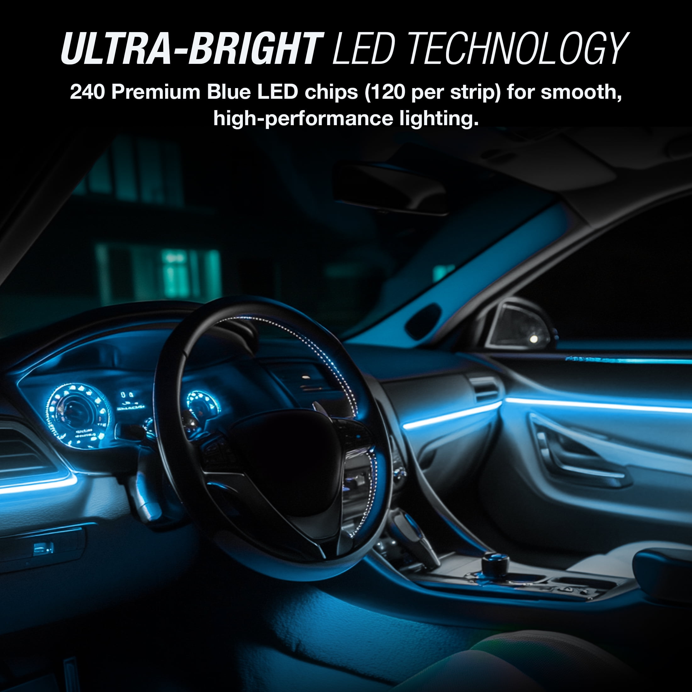 TYPE S - Infinite Glow Blue LED Ambient Lighting - Car LED Strip Lights, Light Sync Technology, 3M Adhesive, Trimmable, 12V, 2 x 12" Blue Strips, 24 inches