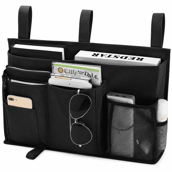 Bedside Caddy Hanging Bed Organizer, 8 Pockets Black Storage Bag with Velcro Straps for College Dorm, Bunk Bed, Hospital Bed and Sofa