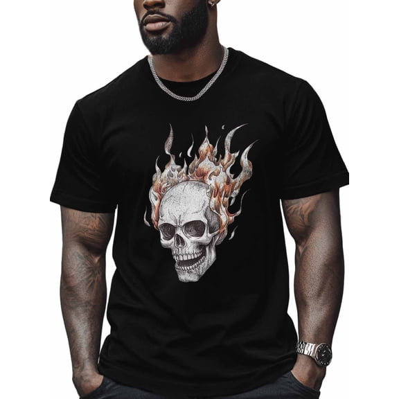Skull Men's T Shirts Flame T-Shirt for Men Sketch Crew Neck Tees Cotton Tops, Black, S
