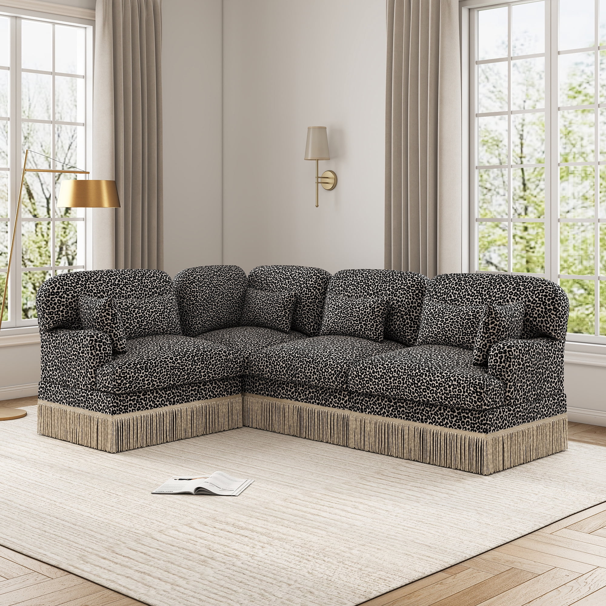 97" L Shaped Leopard Chenille 4 Seater Corner Sofa Couches with 2 Throw Pillows and 4 Lumbar Pillows