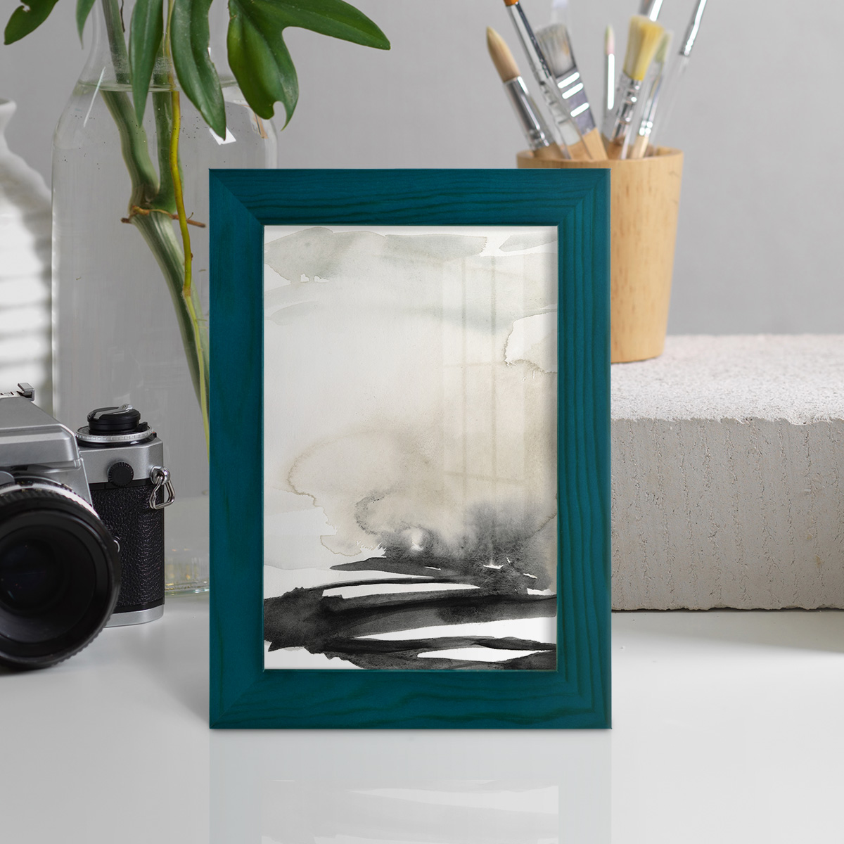 Ebony Horizon Triptych I - Framed Print w/glass - Ocean Blue