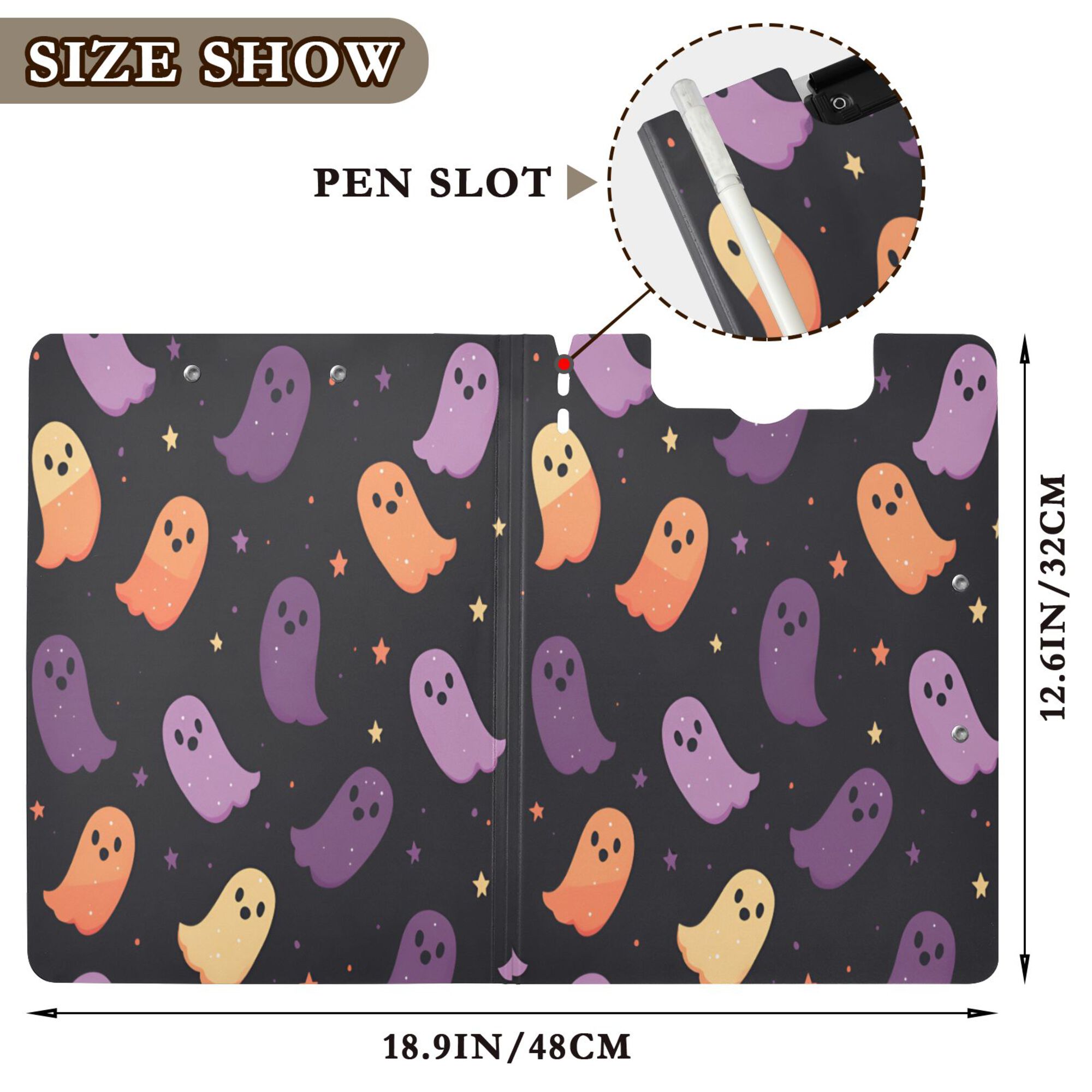 FORMRS A4 Clipboard Folder with Pen Holder Horizontal Foldable School Office Binder, Halloween Purple Ghosts