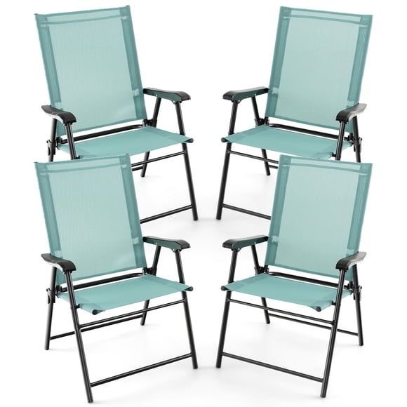 Costway Patio 4pcs Folding Sling Back Chair Portable Armrests Metal Outdoor Dining Green