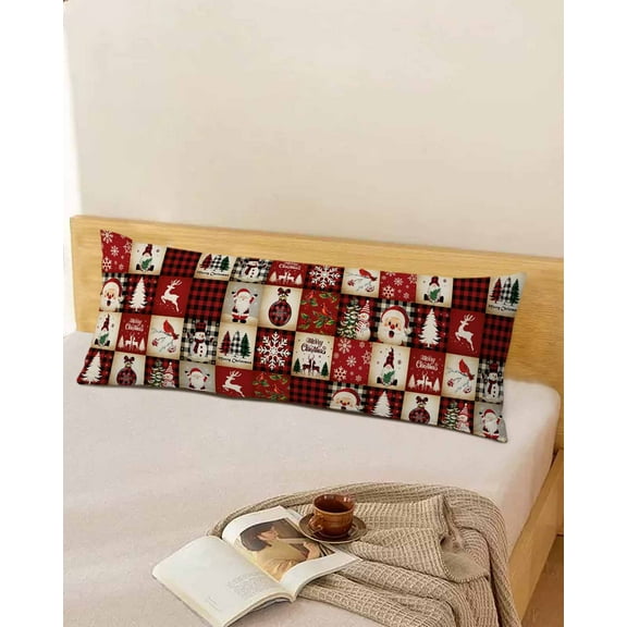 Christmas Plaid Body Pillow Cover, Pillowcase Protectors with Zipper, Breathable Decorative Throw Pillow Case Cover, Xmas Tree Snowflake Snowman Vintage Red Pillow Shams for Couch Sofa 20x60Inch