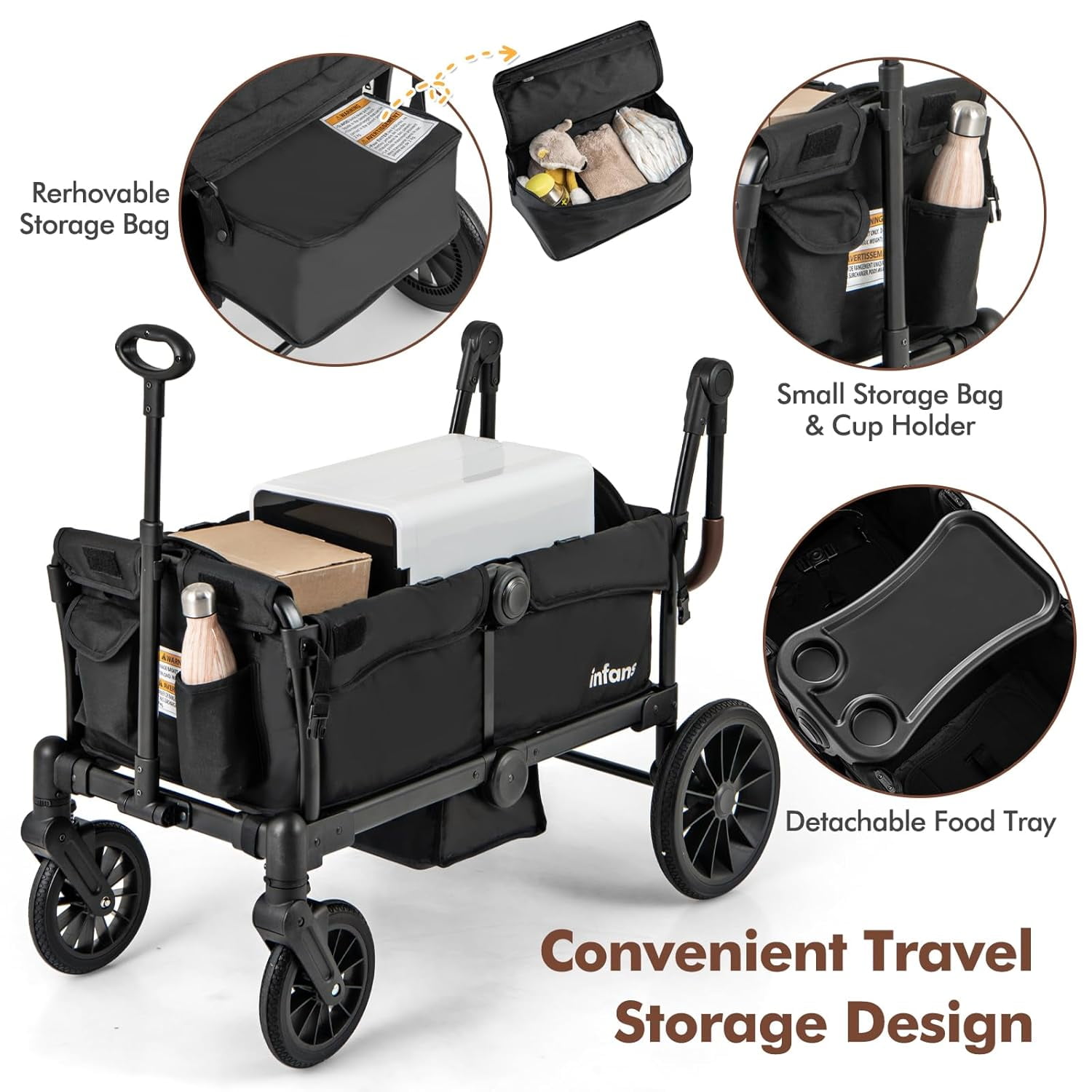 INFANS Wagon Stroller for 2 Kids, Collapsible Adjustable Push Pull Handle Bar, 2 Seater Stroller Wagon with Removable Canopy Snack Tray, Comfortable Drop-Down footwell and Upholstered Seats