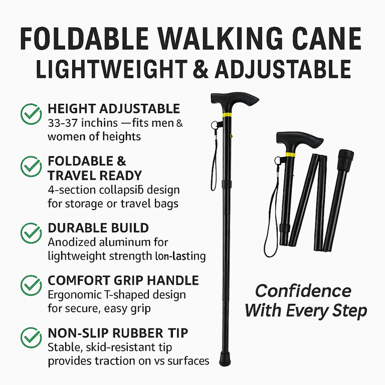 All Terrain LED Folding Walking Cane Walking stick - 6 Ultra Bright Built-In LED