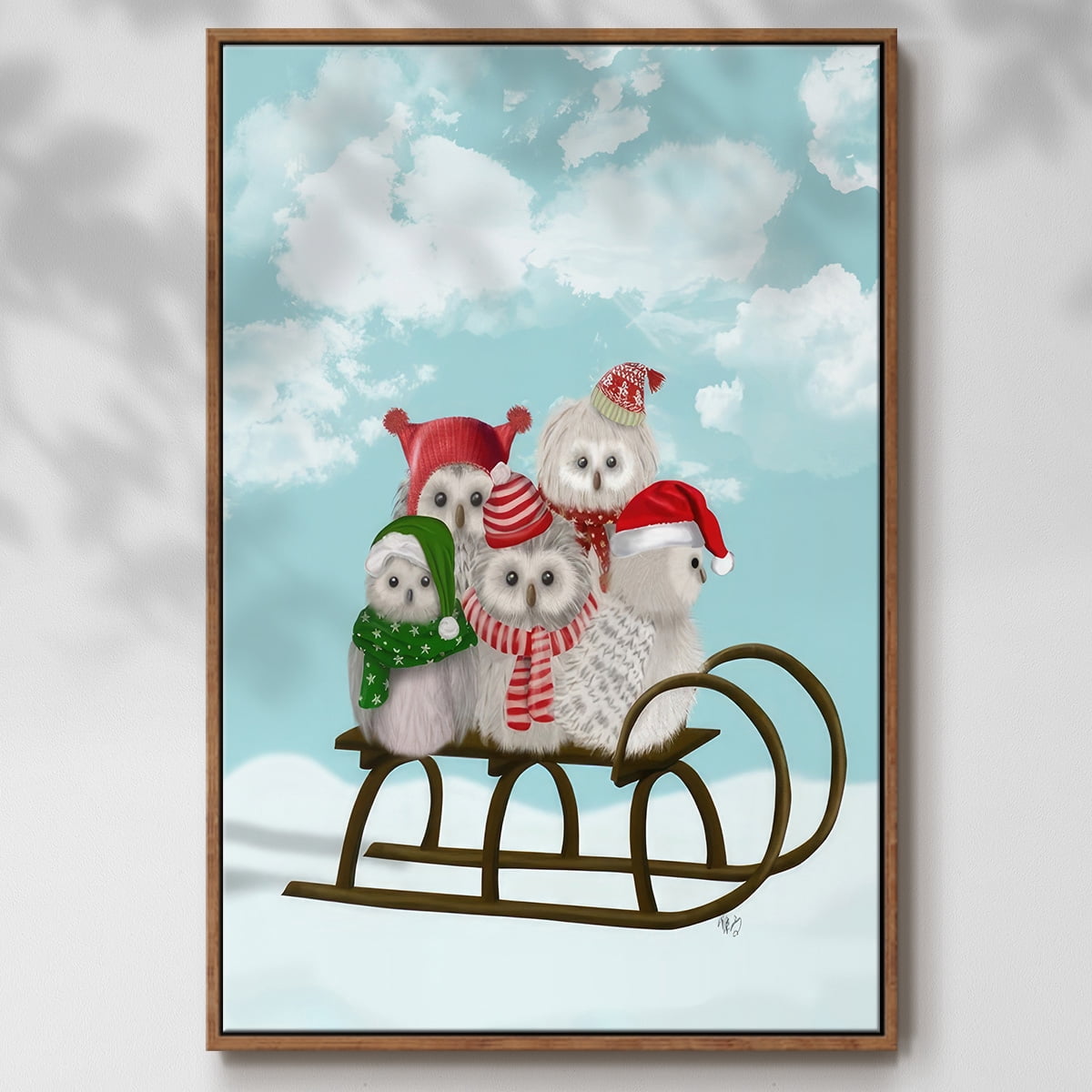Christmas Christmas Owl Sled - Framed Gallery Wrapped Holiday Canvas - 27 x 41 - Rosewood Frame