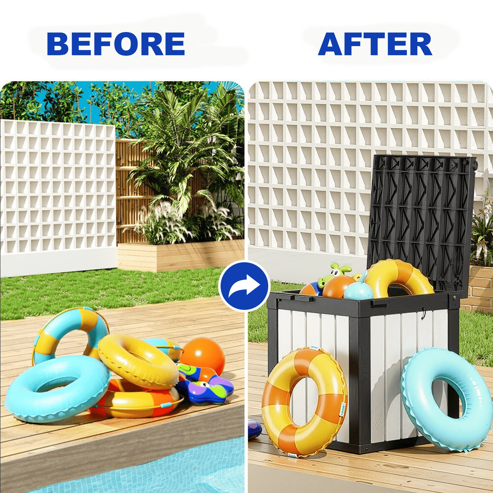 MAYEERTY 50 Gallon Outdoor Deck Box, Large Capacity Storage Box for Patio Furniture Cushions, Pillow with Wheels, Black+White