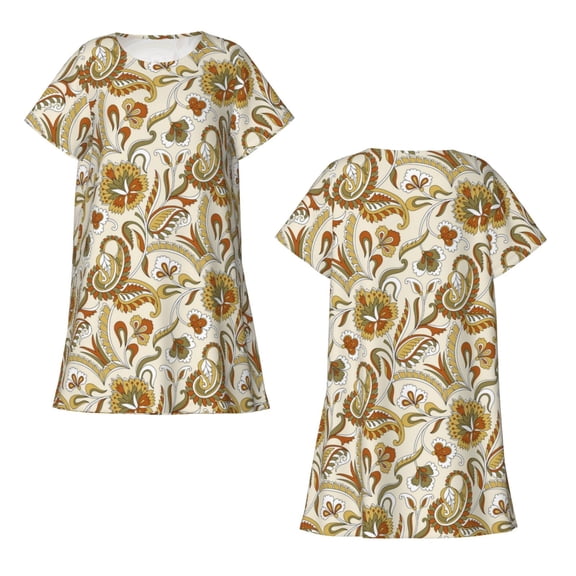 Horeoi Indian Paisley Print Women's Short-sleeved Nightdress Breathable Cotton-like Material Loose A-line Knee-length