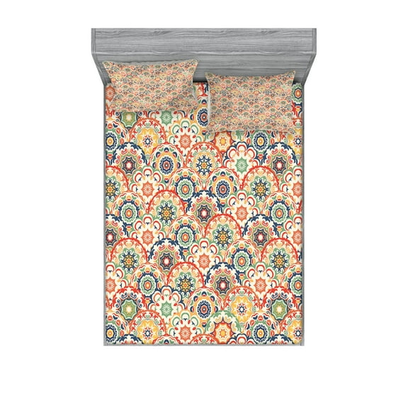 Ambesonne Geometric Fitted Sheet & Pillow Sham Set, Floral Old Display, Queen, Multicolor