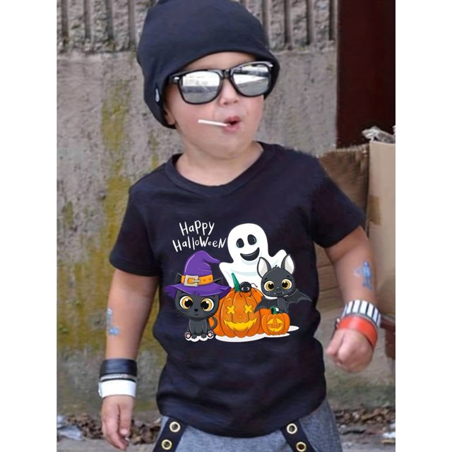 Kids Halloween T-Shirt, Happy Halloween Letter Print, Cute Ghost & Pumpkin Applique, Polyester Crew Neck, Slight Stretch, All-Season Knit Fabric Top for Boys