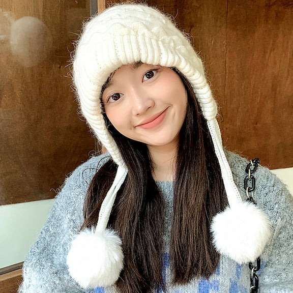 SikaFu Fashionable Face, Face, Face, Warm Knitted Hats, Autumn And Winter Outdoor Ear Protective Blades, Wool Ball Hats, Cute Tie Cap