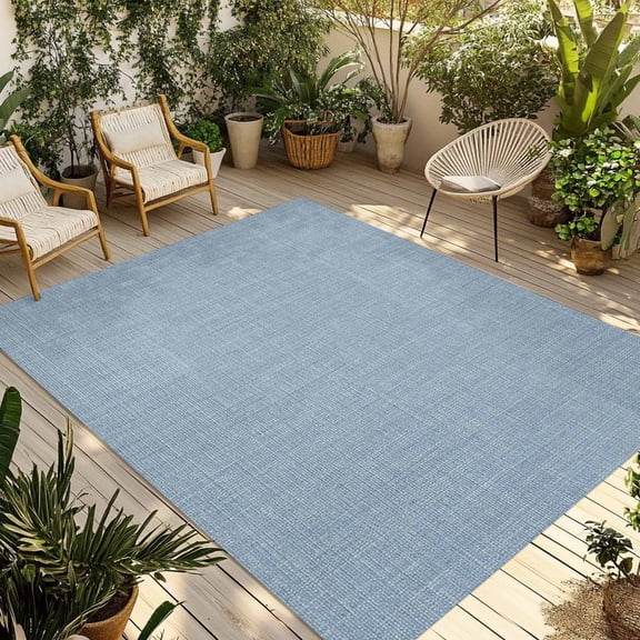 Vintage Sky Blue Outdoor Rug 3x5 Ft - Reversible Patio Rug Outdoor Camping Rugs, Farmhouse Retro Solid Color Linen Texture Indoor Outdoor Area Rugs, Non-Slip Outdoor Carpet Runner for Deck/Porch