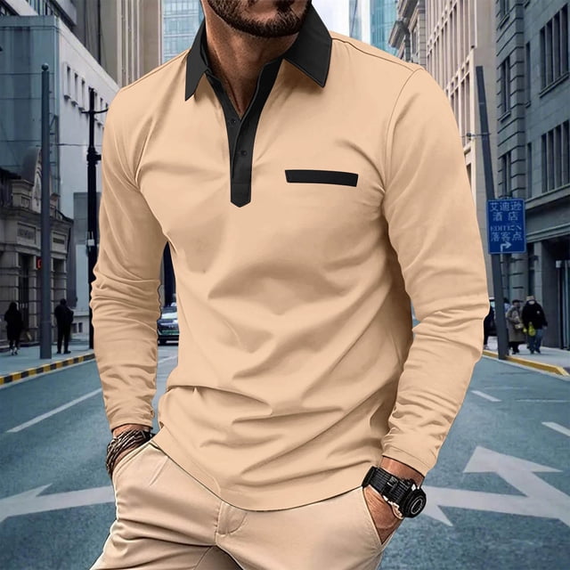 Blusa y camisa de manga larga con cuello vuelto para hombre, informal, lisa, de manga larga, con cuello vuelto, escote en V y botones, de poliéster