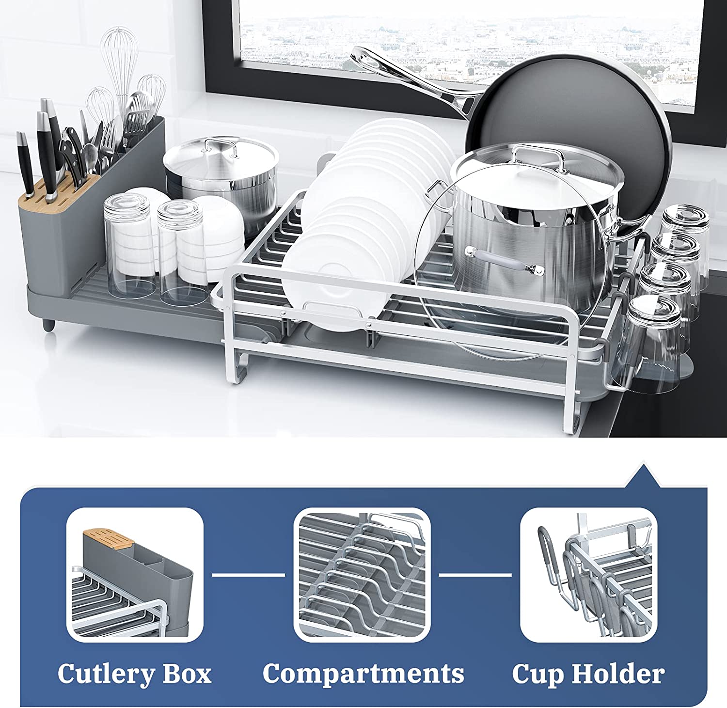 Dish Drainer Drying Rack with Cup Holder Foldable Cutlery Tray