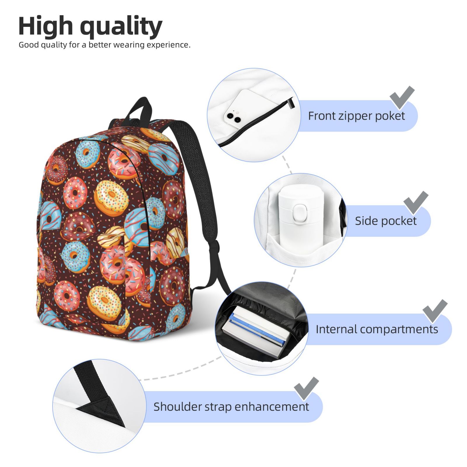 Travel Laptop Backpack - Donut Print No.9038 Lightweight Canvas Backpack, Wear Resistant Computer Backpack Bag Fit {sizeName} Laptop for Men Women with Adjustable Padded Shoulder Straps