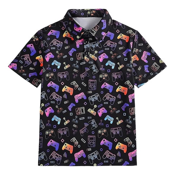 WAYUTE Shirts for Boys Long Sleeve Lapel Button Down Cartoon Game Print Shirt Soft Blend for Kids School and Daily Wear Summer Casual