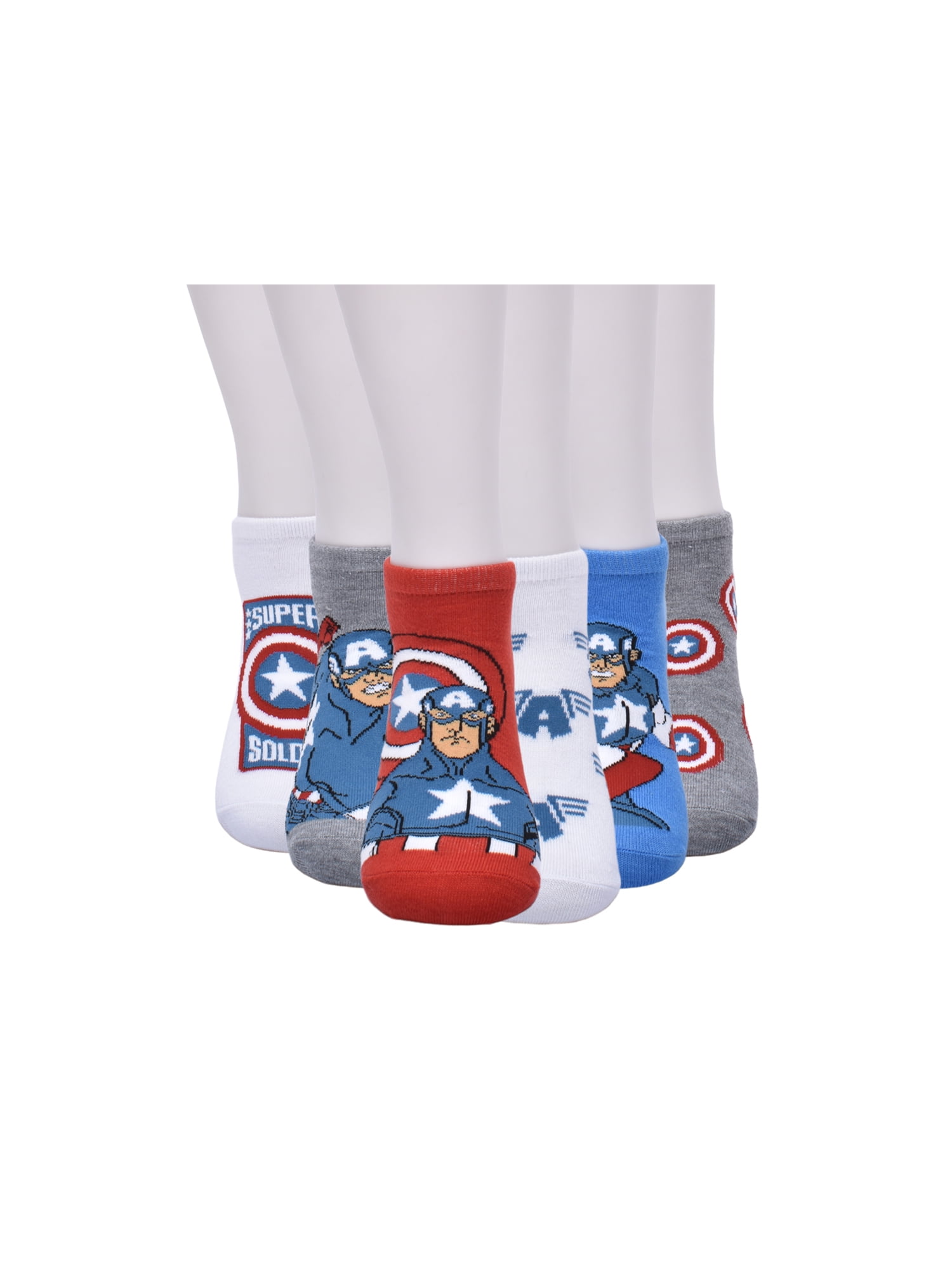 Marvel's Captain America Boys No Show Socks, 6 Pairs, Sizes S (4-8.5) - L (3-9)