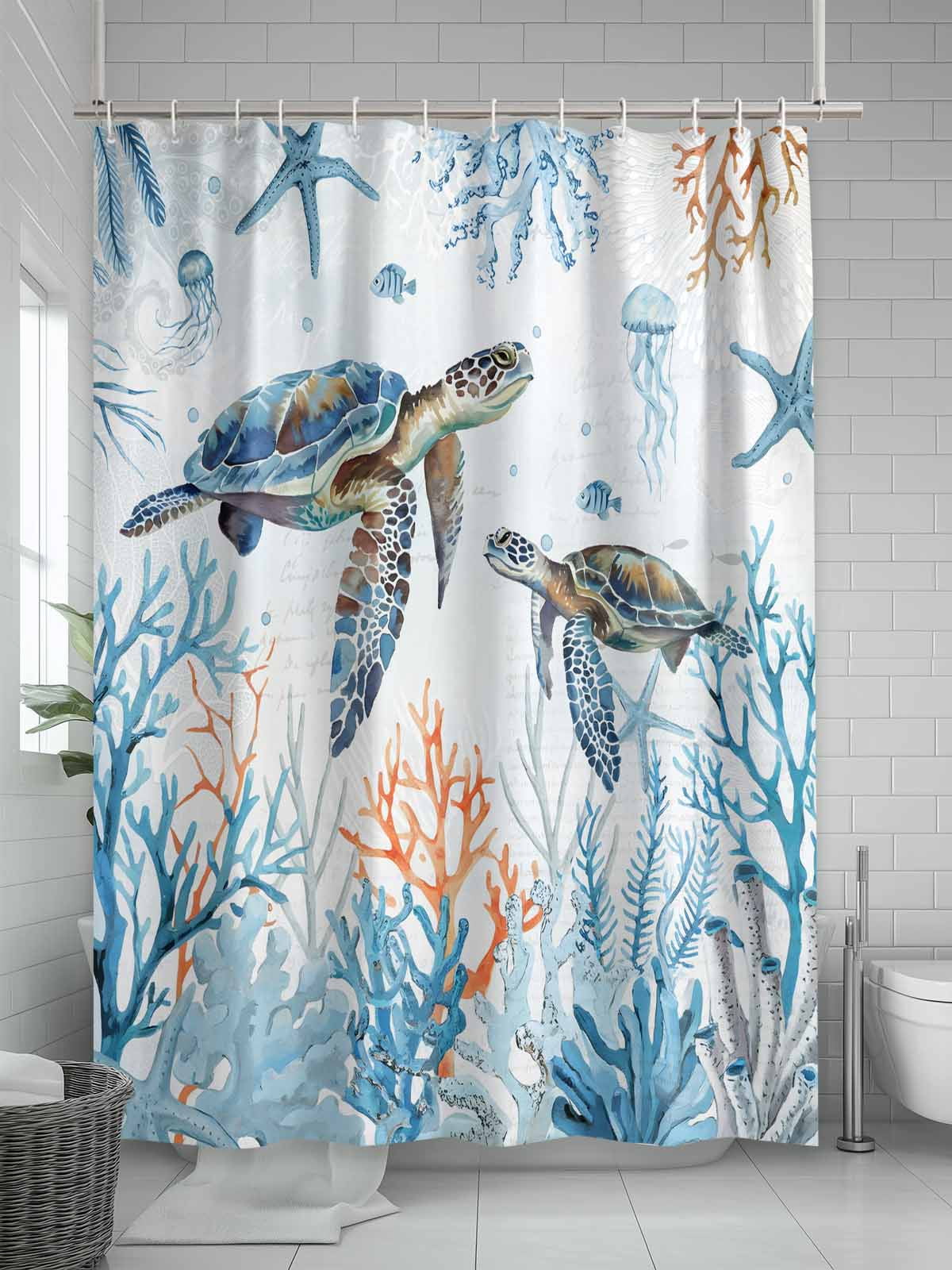 Ocean Turtle Standard Shower Curtain Set, Waterproof Shower Curtains for Bathroom, Blue Coastal Coral Starfish Seagrass Washable Fabric Cloth Bath Curtain for Bathtub with Hooks 72x72 Inches